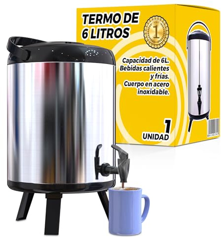 Termo Grande - Termo Contenedor 6L Portátil - Dispensador de Bebidas Térmico con Grifo - Dispensador Bebidas Frías/Calientes, Agua, Café - Para Catering, Hoteles, Eventos o Reuniones - Acero Inox