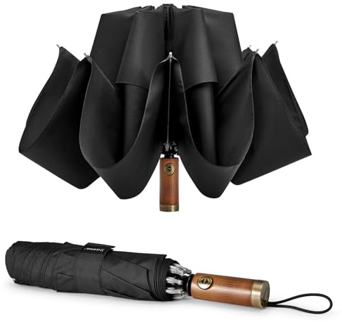 G4Free 54 Inch Inverted Windproof Umbrella with Wooden Handle, Large Automatic Golf Umbrella with Double Canopy, Folding Umbrella Compact for Car & Backpack