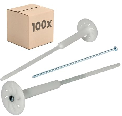 PROTEKTOR 100x Vormontierte Dämmstoff-Schraubdübel Ø8 x 340mm | Kunststoff, WDVS-Dübel für Fassadendämmung, vormontiert mit verzinkter Stahlschraube, Wärmedämmverbundsystem