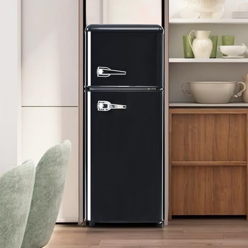 ZWJABYY Frigorífico Retro con Congelador De 92 L / 105,5 Cm X 41 Cm X 45,5 Cm con Congelador De 28 L, Estantes En La Puerta Y Estantes De Vidrio. 116 Kwh/Año, -27 °c - 13 °c,Luz LED Black