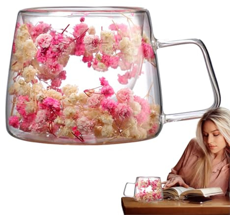 Nevalerra Gobelet transparent avec – Tasse à fleurs transparente 200 ml Tasse à double paroi | Tasse à café thé jus avec, design décoratif de fleurs séchées, cadeau élégant pour