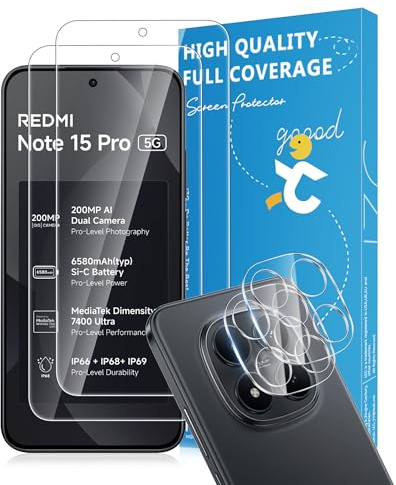 WILLONE Protector de Pantalla para Xiaomi Redmi Note 15 Pro 5G, Película de Vidrio Templado 2 Piezas+ Protector de Lente de Cámara 2 Piezas, 9H Dureza, HD Clara, Sin Burbujas, Antihuellas