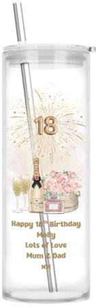 18th Birthday Gift for Her Girls - Personalised 18th Birthday Tall Highball Glass Tumbler with Lid & Straw, Age 18 Champagne and Flowers Design, Dishwasher Safe