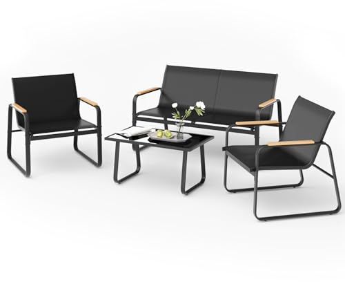 Mondeer Gartenmöbel Set 4-TLG mit Holz-Kunststoff Armlehnen, Schwarz