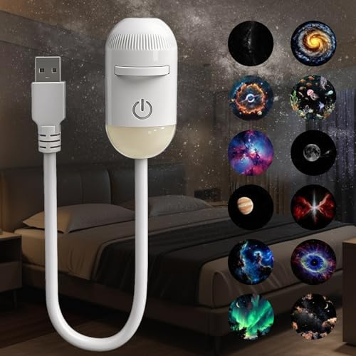 Bukbas Galaxy Projector Night Light, 2-in-1 Galaxy Star Projector Light with 12 Sliding Projection Films, 360° Adjustable USB Sky Night Light Ceiling Projectors, Bedroom Decor Gifts for Adults Kids
