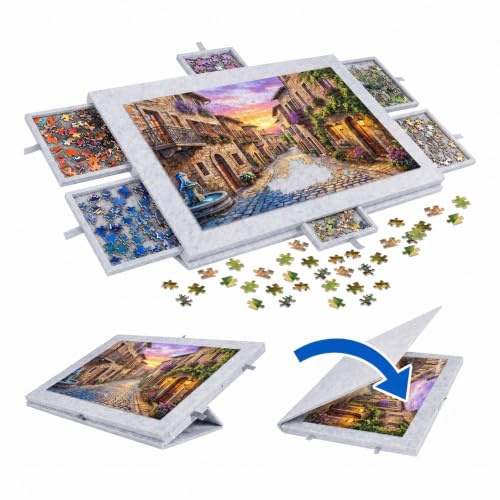 Relaxdays Puzzlebrett, 1000 Teile, 6 Schubladen, Filz, hellgrau | verstellbarer Ständer, Abdeckung, Puzzleunterlage