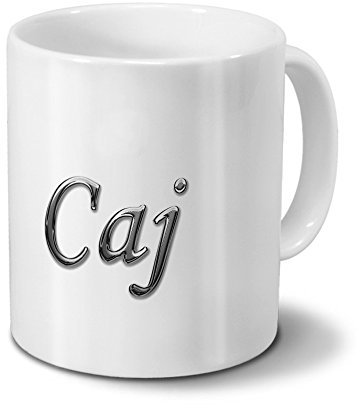 printplanet Tasse mit Namen CAJ - Motiv Chrom-Schriftzug - Namenstasse, Kaffeebecher, Mug, Becher, Kaffeetasse - Farbe Weiß