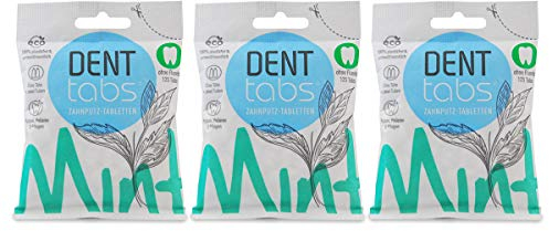 Denttabs Zahnputztabletten die vollwertige Alternative zur Zahnpasta, 3x125 Stk für 6 Monate. Mint fluoridfrei - VEGAN Plastikfrei ohne Konservierungsstoffe. Im Orginal denttabs kompostierbaren Beutel