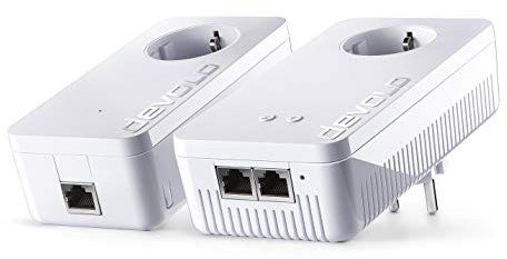 devolo dLAN 1200+ WiFi ac - Kit de inicio de adaptador de comunicación por línea eléctrica PLC (Powerline, 1200 Mbps, 2 adaptadores, 2 puertos LAN, repetidor WiFi, amplificador de señal WiFi), blanco