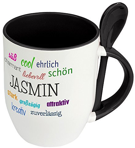 digital print Löffeltasse mit Namen Jasmin - Positive Eigenschaften von Jasmin - Namenstasse, Kaffeebecher, Mug, Becher, Kaffeetasse - Farbe Schwarz