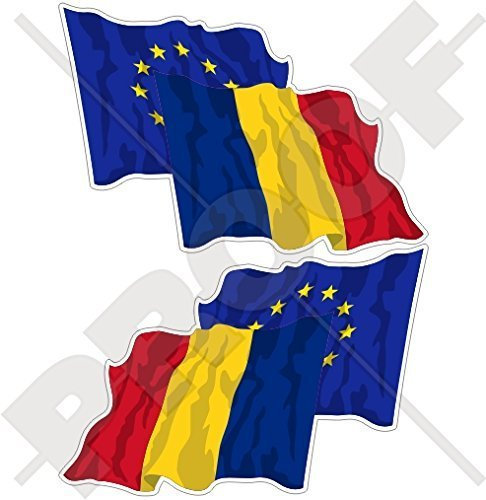 EUROPÄISCHE UNION-RUMÄNIEN Wehende Flagge Paar EU-RO Europa-Rumänisch 75mm Auto & Motorrad Aufkleber, x2 Vinyl Stickers (Links - Rechts)