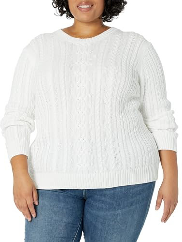 Amazon Essentials Women's Soft Fisherman Cable Long-Sleeve Crewneck Jumper (Available in Plus Size), White, L