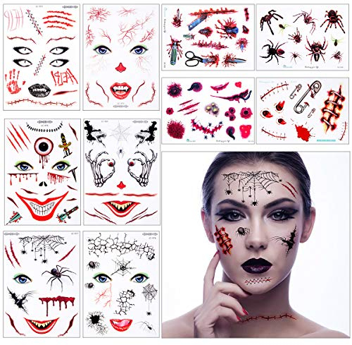 10 Feuilles de Halloween Tatouages Temporaires, Tatouage Cicatrice D'Halloween et Tatouages de Plaies Faux Autocollants de Visage D'araignée de Sang de Gale pour Halloween
