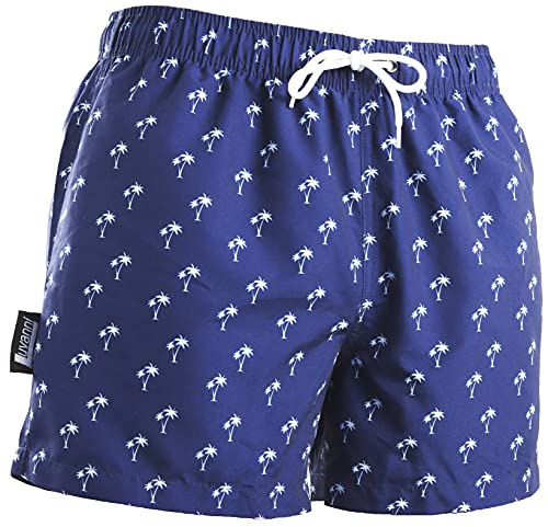 Luvanni Badehose für Herren Schnelltrocknende Badeshorts 22-24 mit Kordelzug Beachshorts Boardshorts Schwimmhose Männer mit Muster Insel Palm Plamen Blau Weiß M