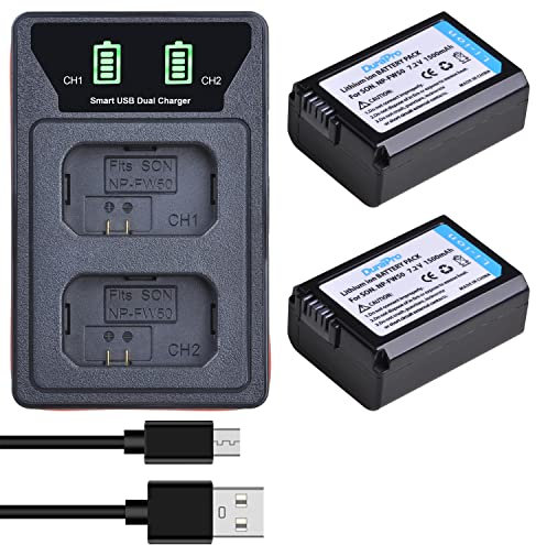 DuraPro 2 Pack NP-FW50 Replacement Battery + LED Built-in USB Charger Compatible with Sony Alpha a6500, a6300, a6000, a7s, a7, a7s ii, a5100, a5000, a3000, a7r, a7 ii, NEX 3/5/7 Series