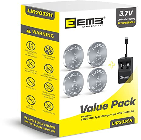 EEMB LIR2032H caricabatteria ricaricabile con 4PCS 3.7V batterie a bottone a gettoni agli ioni di litio 70mAh in grado di sostituire ML2032 per l'orologio portachiavi remoto dell'automobile