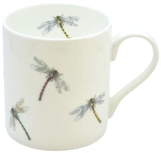 ROCK THE HOME Dragonflies Small 10 fl oz, 295 ml Straight Sided Mug, White Fine English Bone China Cup, Made & Hand Decorated in England, Dishwasher & Microwave Safe, for Coffee Tea Latte Americano