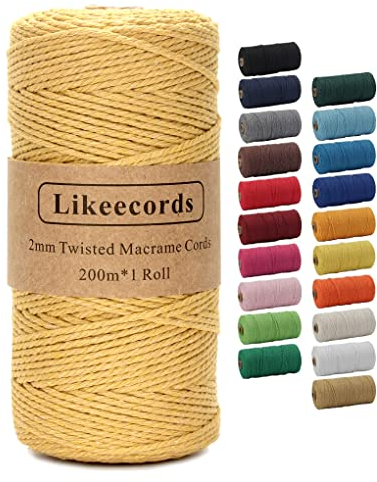 Likeecords Macrame Yarn 2 mm x 200 m Cotton Yarn Macrame Rope, Macrame Cord, Colourful Cotton Craft Cord for Hanging, Plant Hangers, Crafts, Knitting (Khaki)