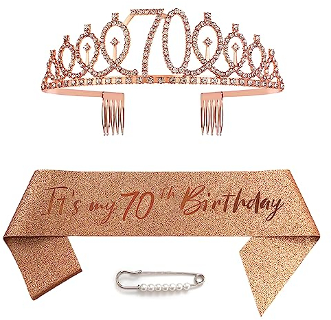 70. Geburtstag Schärpe Und Tiara, Krone 70 Roségold Kristall Geburtstagkrone Set, Rose Gold Geburtstagskrone Schärpe Deko Birthday Crown für Mädchen Frauen Birthday Party Accessoires