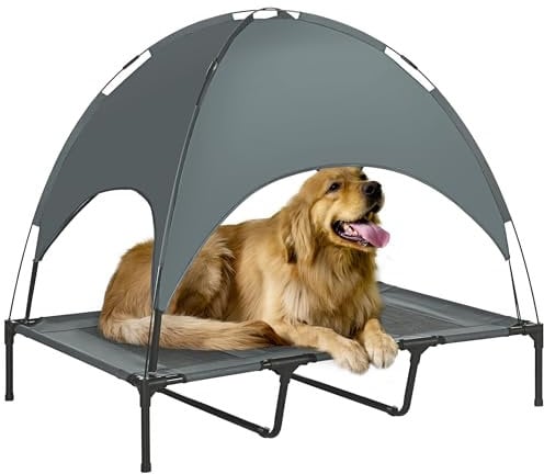 PawHut 122cm Elevated Dog Bed Cooling Raised Pet Cot UV Protection Canopy Grey