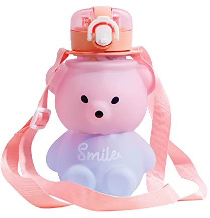 Koochie-Koo Plastic Teddy Bear Water Bottle for Kids, Push Button Open Kids Water Bottle with Straw, Sipper Bottle for Kids with Adjustable Strap and Stickers, 800ml, Pink, 3+Years (Pack of 1)