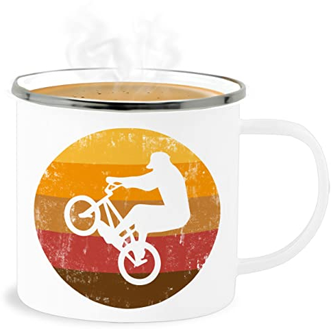 Emaille Becher Blechbecher - Deko Tasse Hobby - Radsport Geschenk BMX Fahrer Geschenk Radfahrer I - 300 ml - Weiß Silber - rad mtb fahrrad downhill fahrradmotiv mountainbike für fahrradfahrer