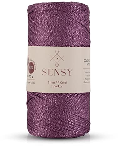 Sensy Premium 2 mm 230 Meter Glitzer Polyester-Seil, 90% Polypropylen, 10% Polyesterschnur, Makramee-Kordel 2 mm Häkeltasche Kordel Makramee Seil Häkelgarn Geschenk für Strickwaren (Pflaume-Glitzer)
