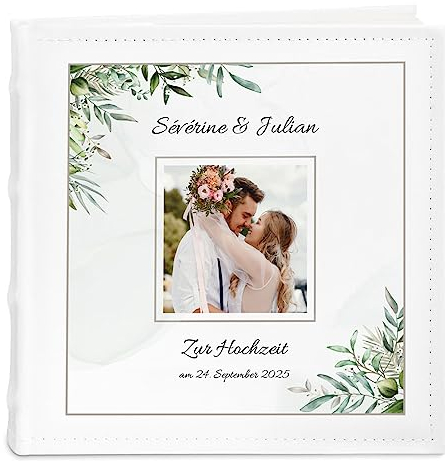 Maverton Einsteckalbum mit Aufdruck - Fotoalbum für 200 Fotos 10x15-50 Seiten - Größe: 21x22cm - Weiß - personalisierte Geschenke für Paar zur Hochzeit zum Hochzeitstag