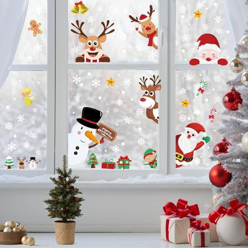 Figarge Weihnachten Fenstersticker, Fensterbilder Weihnachten Kinder, Santa Claus 9 Blätter Doppelseitige Wiederverwendbare Statische PVC Aufkleber für Weihnachten Fenster Dekoration (20*30cm*91Stück)
