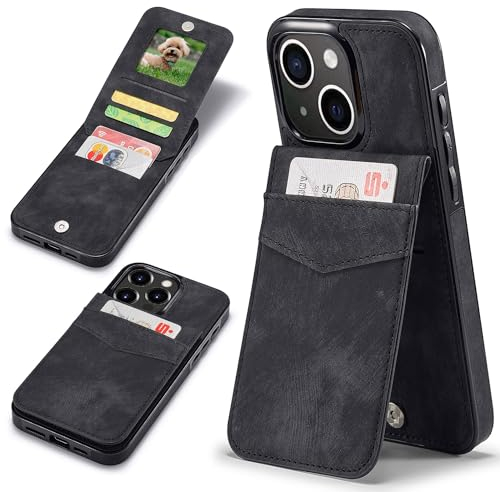 Sibada Multi-Funktionen Leder Handyhülle für iPhone 15 mit Standfunktion Card Slot Snap RFID Magnetverschluss Halten Leather Case for iPhone 15 (2023) 6.1 - Schwarz