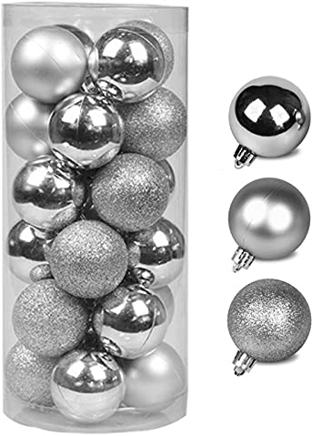 Weihnachtskugeln Christbaumkugeln 24 Stück Ø 6cm Kunststoff Glänzend Matt Glitzer Christbaumschmuck Anhänger Weihnachtsbaumkugeln für Urlaub Hochzeit Party Dekoration Weihnachtsdeko (Silber)