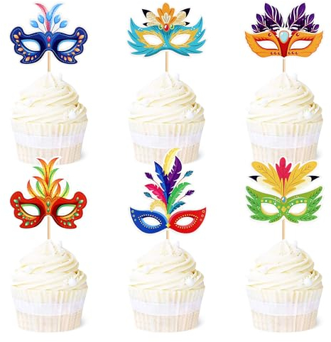 Blumomon 24 Stück Masquerade Cupcake Picks Maske Cupcake Toppers Für Bachelorette Mardi Gras Party Baby Dusche Geburtstagsparty Kuchen Dekorationen Zubehör Kuchendekoration für Maskerade