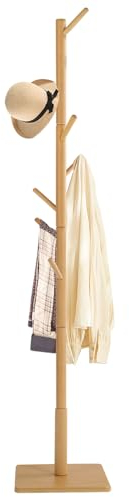 YheenLf Garderobenständer Massivholz, Kleiderständer Massivholz, Jackenständer Stehend für Eingang, Wohnzimmer, 8 Haken, 3 verstellbare Höhen, Holzfarben, 30x30x180cm