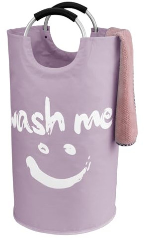 IHOMAGIC Panier a Linge Grande Capacité avec Poignées 95L, Sac à Linge Faciles à Transporter, Panier Rangement Pliage Collecteur de Buanderie avec Smiley Face pour pour chambre à coucher (Violet)
