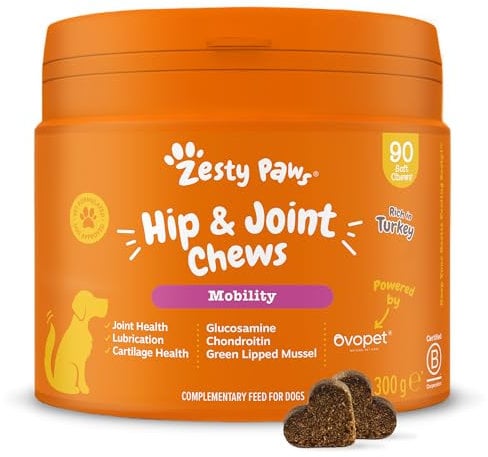 Zesty Paws Kausnacks für Hüft- und Gelenkbeweglichkeit | Gelenktabletten Hund | Hüft- und Gelenkkauartikel | Hunde Kauartikelmit Glucosamin, Chondroitin und Ovopet + Vitamin C und E | Truthahn | 90 st
