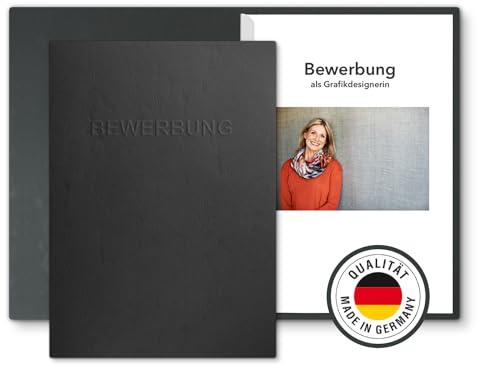 10 Stück 2-teilige Bewerbungsmappen mit 1 Klemmschiene in feinster Lederstruktur und hochwertiger Prägung „BEWERBUNG“ (Schwarz, 10 Stück)