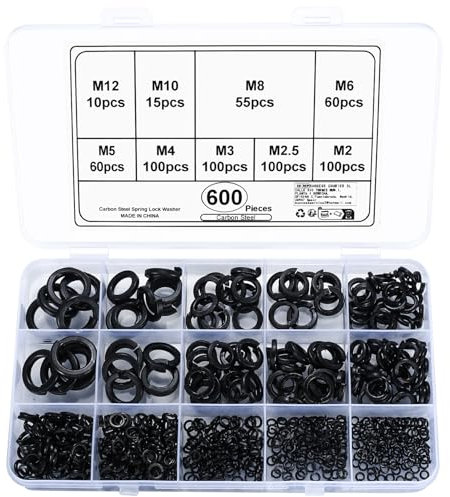 600 Pcs Spring Lock Washers, Spiral Split Washers, alloy steel V2A Anti-Rust DIN 127 Form B - M2/M2.5/M3/M4/M5/M6/M8/M10/M12 for Various Applications