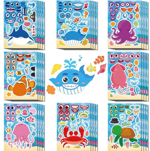 32 Stück Aufkleber Kinder Tiere, Aufkleber Kinder Set mit 8 Meerestiere Muster, DIY-Aufkleber für Kinder, Mädchen Junge Spielzeug Weihnachten Kindertag Geschenke Geburtstagsgeschenk