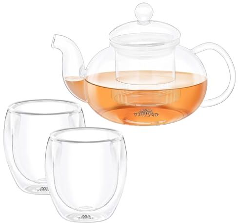 Wilmax Teiera 700 ml con 2 bicchieri thermos da 250 ml in set - Infusore con filtro per tè sfuso - per fiori di tè - coperchio e filtro in vetro - Lavabile in lavastoviglie - Antigoccia