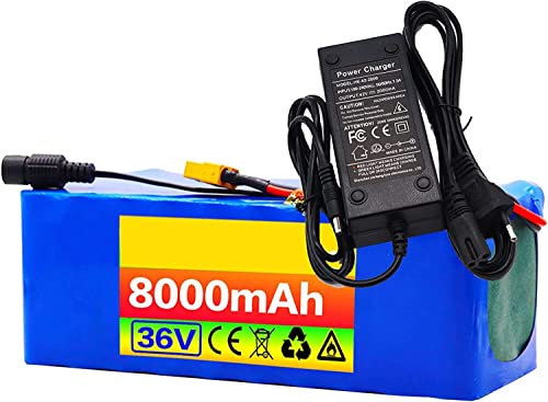 Batterie De Vélo Électrique 36V 8Ah, 10S3P Batterie Lithium-ION Remplaçable Pour Scooter Fauteuil Roulant Voiture Moto Ebike, Batterie Haute Puissance Avec Chargeur 42V + BMS 36V 8AH,T plug