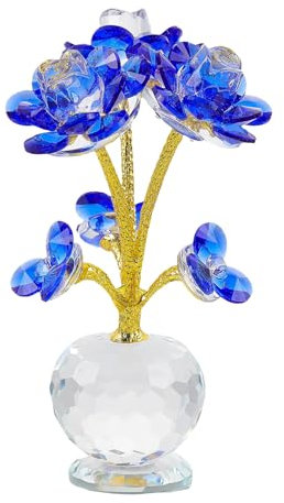 Crystal Blue Rose Figurine with Base, Collectible Glass Flower Bouquet Gifts for Women on Birthday, Valentine's Day, Anniversary, Handmade Crystal Flower Ornament for Home, Wedding Party