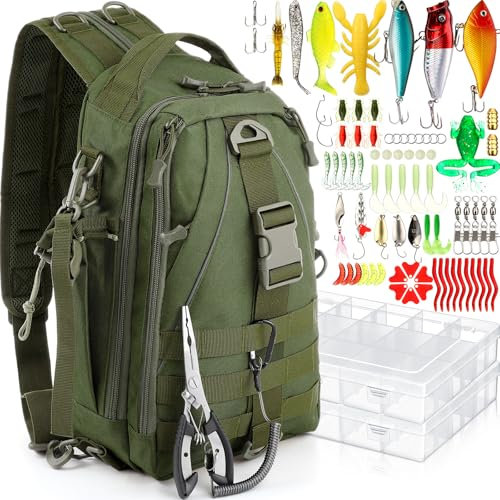RoundFunny Angelrucksack mit Angelboxen, Angeltasche mit Rutenhalter, Fischköder und Zange, Fischwerkzeuge, Ausrüstung und Ausrüstung, Vatertags-Angelgeschenk für Väter, Herren, 85-teilig, Armeegrün