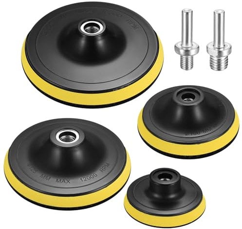 4 Pcs Plato de Lijado, Disco Soporte para Pulidora y Taladro para Lijas Pulir Coche, Kit Pulido Coche, 75 mm, 100 mm, 12 mm, 150 mm, con Adaptador de Taladro M10/M14