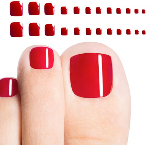 Lot de 24 faux ongles à coller - Faux ongles d'orteils à coller - Pour femmes et filles - Rouge