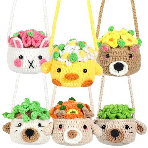 Crochet Kit for Beginners, Crochet Starter Kits with Step-by-Step Instructions and Video Tutorials, Complete Beginner Crochet Plant Kit for Adults Kids, 6 PCS Hanging Potted Plants Family