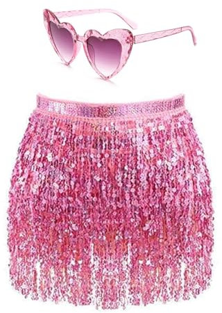 Damen Pailletten Rock Quaste Glitzerrock Hüft Pailettenrock Rave Röcke Gläser Set Fransenrock für Tanz Club Halloween Kostüm (DE/NL/SE/PL, Alphanumerisch, Einheitsgröße, Regular, Regular, Rosa)