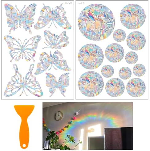 WEDAMOO 20 Pcs Butterfly/Round Anti-Collision Stickers, Rainbow Prism Window Stickers, Suncatcher Sticker, Bird Window Strike Prevention Clings for Prevent Bird Strikes Home Office Window Decoration