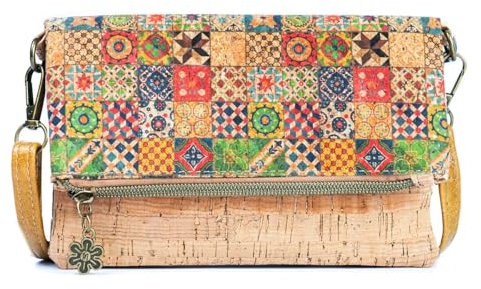 DeCarbonize Damen Kork Crossbody Geldbörse mit Schultergurt Handyhalter aus Kork Veganes Leder Portemonnaie (Azulejos)