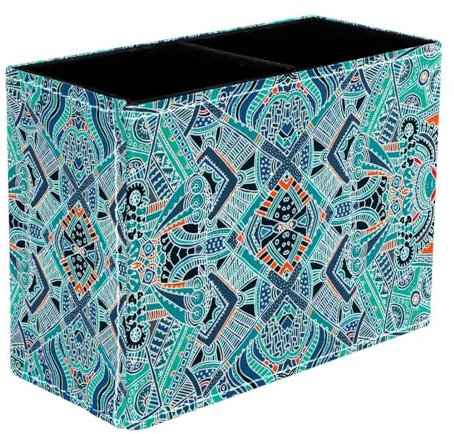VAPOKF Mandala Boho Indian Vintage Pen Holder for Desk, 2 Compartments Pen Pot Pencil Holders Makeup Brushes Storage Desktop Stationary Supplies Organiser for Home Office