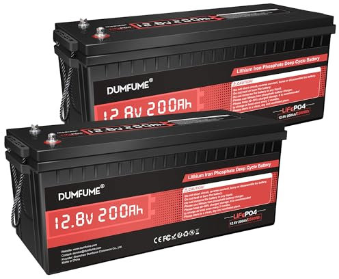 Dumfume 2er Pack 12V 200Ah LiFePO4 Lithium Batterie, 2560Wh Kapazität 200A BMS, 15.000+ Zyklen 10-Jahres Lebensdauer, Ideal für Wohnmobil, Solarenergiespeicher & Elektro-Außenbordmotoren
